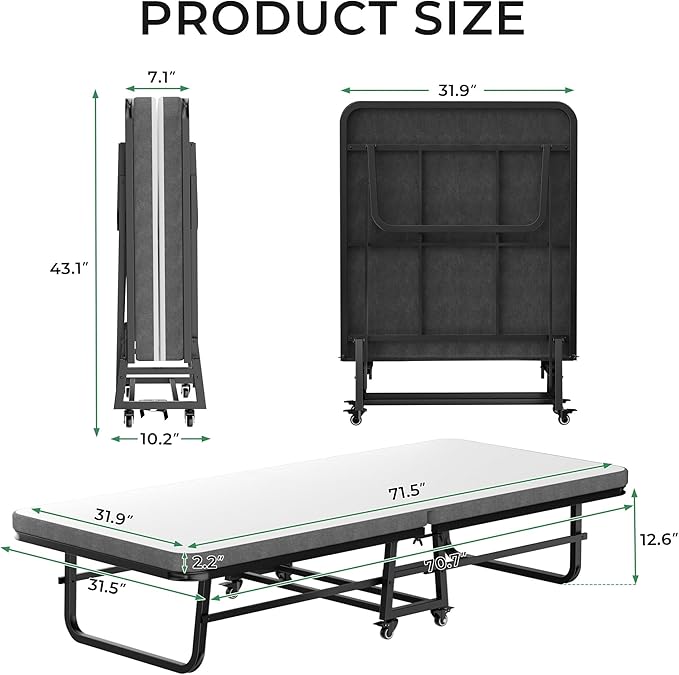 71.5x32 Foldable Bed with 2.2 inch Mattress, Folding Cot Size Frame, Portable Rollaway Guest Bed with Memory Foam Mattress, Space-Saving Foldable Design Strong Frame for Guest Room, Apartment