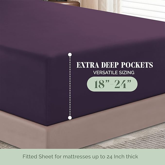 Elegant Comfort 1500 Premium Hotel Quality 18-24 Inches Deep - Extra Deep Pocket Single Fitted Sheet for High Mattress, Luxury and Softest, Smart Pocket - Wrinkle Free, California King, Purple