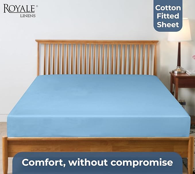Royale Linens 100% Organic Cotton Fitted Sheet - Percale Weave - Super Soft Deep Pocket Bottom Sheets - Lake Blue Elastic Sheet King Size - King Fitted Sheets Only - (78"x80"+15", Lake Blue)