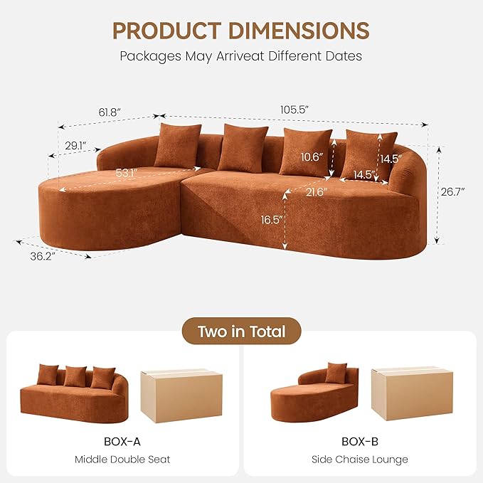 Boneless L Shaped Sofa Couch, Oversized Sectional Curved Cloud Sofa with Chaise Lounge, Chenille 4 Seats Deep Seat Couches for Living Room, No Assembly, Orange