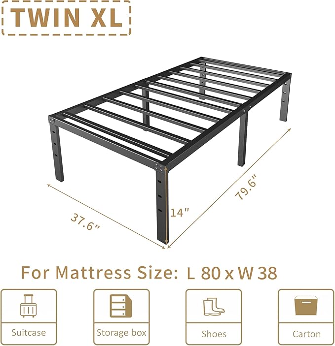 14 Inch Metal Twin XL Bed Frame No Box Spring Needed - Easy Assembly Heavy Duty Noise Free Narrow Bedframes - Single Black Basic Steel Slats Platform with Storage