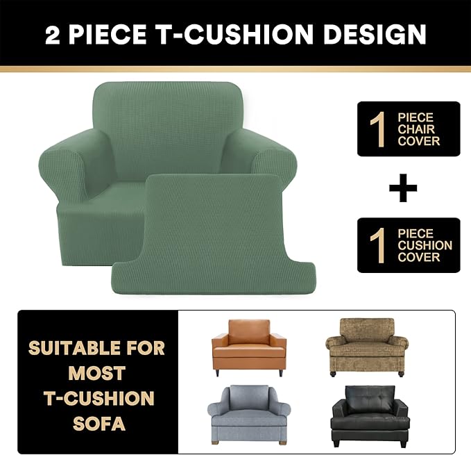 PrinceDeco 2 Pieces T Cushion Chair Slipcover Stretch Couch Covers for T Cushion Sofa Slipcovers Chair Covers for Armchair with 1 Individual T Shape Seat Covers (29"-40")- Loden Frost