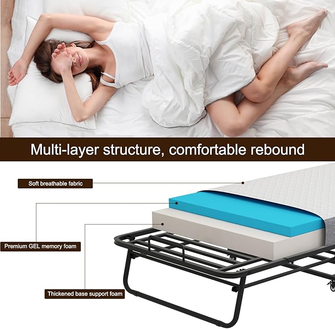 Espsilto 75''x46'' Large Folding Bed with Mattress for Adult - Sturdy Rollaway Bed for Guest with Automatic Leg Opening，Reinforced Steel Pipe | Hard tubular metal