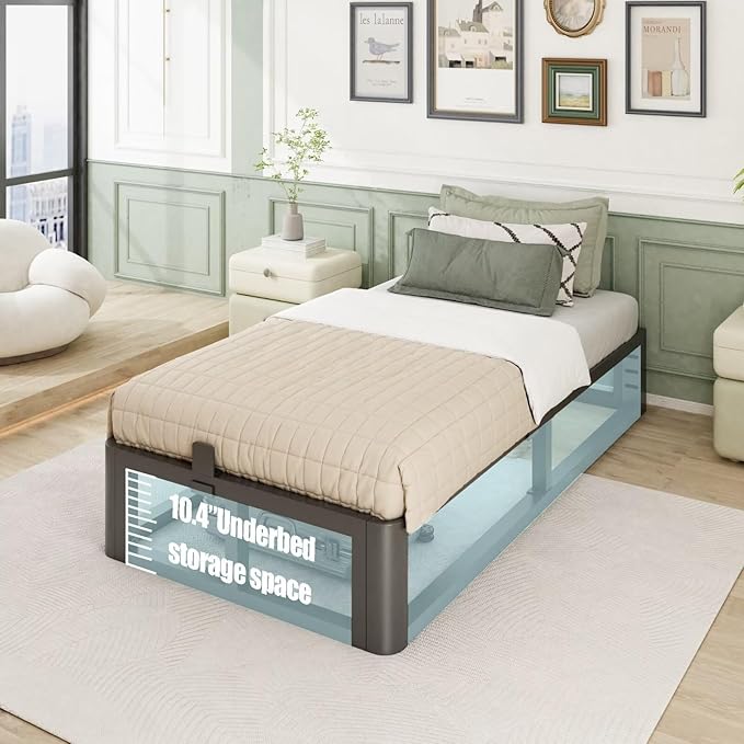 Firpeesy Metal Heavy Duty 12 inch Twin XL Bed Frame with Rounded Corner and Headboard Hole Mattress Retainers 3500 LBS No Box Spring Needed Platform Noise Free Easy Assembly