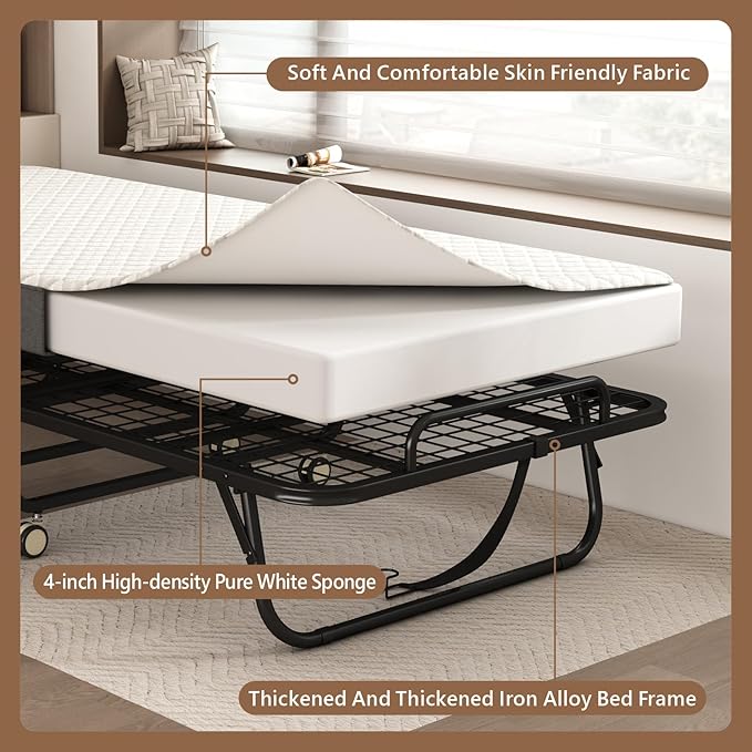 Folding Bed with Mattress for Adults, 75" x 38"Portable Twin-Size Rollaway Bed, Metal Frame Foldable Guest Bed with Memory Foam Mattress,Deluxe Single Beds with Side Storage Pocket