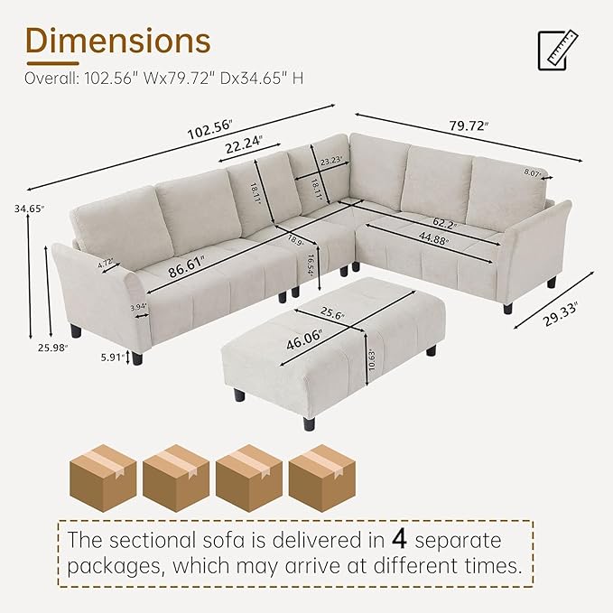 103" Convertible Sectional Sofa with Long Ottoman, Modern Upholstered Fabric L-Shaped Couch with Back Cushions, 6 Seat Sofa Couches for Living Room, Apartment, Office, Beige