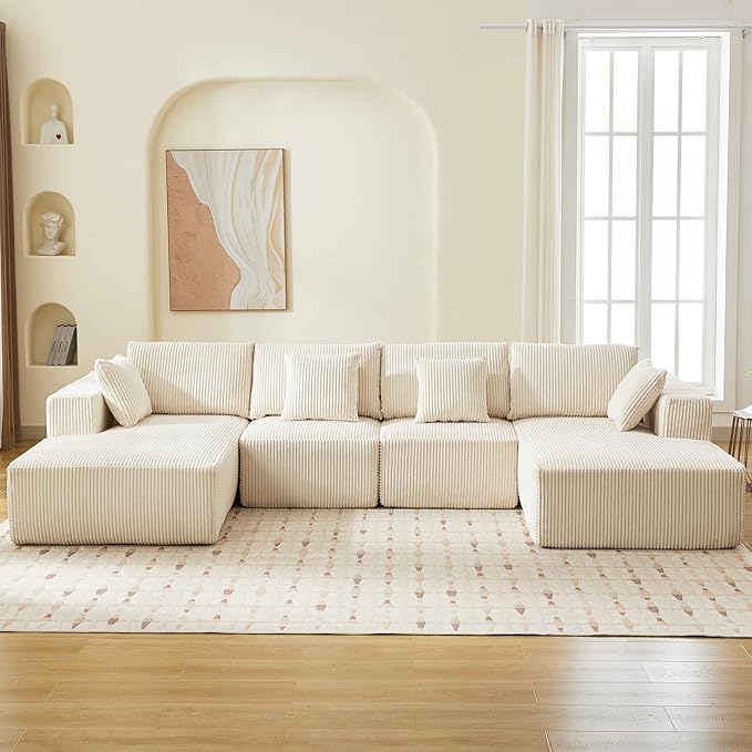 Sectional Cloud Boneless Couch 137" Modern Comfy U-Shaped No Assembly Required Convertible Compression Sleeper Modular Sofa with Corduroy Fabric Deep Seat Single + Chaise for Living Room