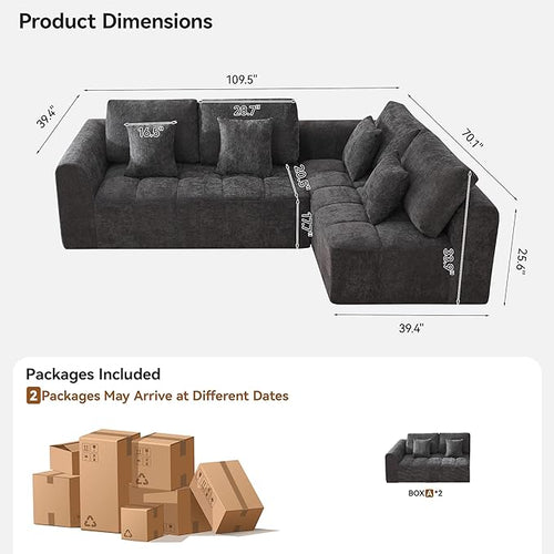 110''Modular Sectional Couches for Living Room, Cloud Boneless Compressed Sofa Right Facing Chaise, Oversized L Shaped 4 Seater Memory Foam Sofa, No Assembly, Chenille Grey
