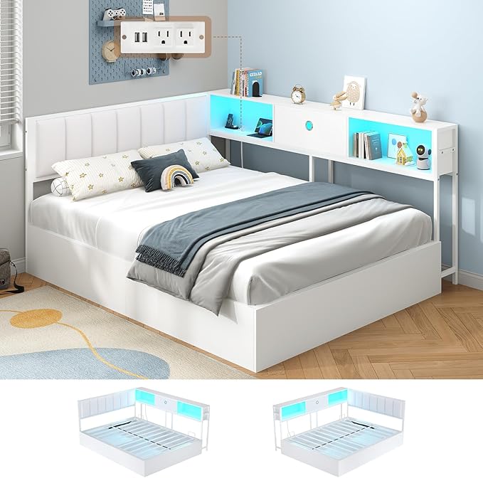 Hasuit Corner Full Lift Up Storage Bed Frame with Charging Station & LED Lights, Full Day Bed with Upholstered Headboard and Bookcase, Corner Beds with Hydraulic for Kids Teens Guests, White