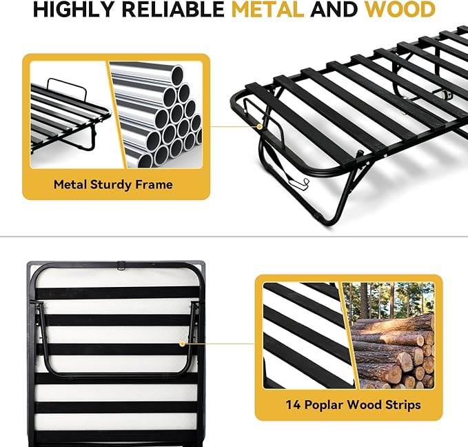 Folding Bed with Mattress for Adults, Single Size Portable Foldable Bed with Strong Metal & Wood Frame, Rollaway Guest, 75" x 31"