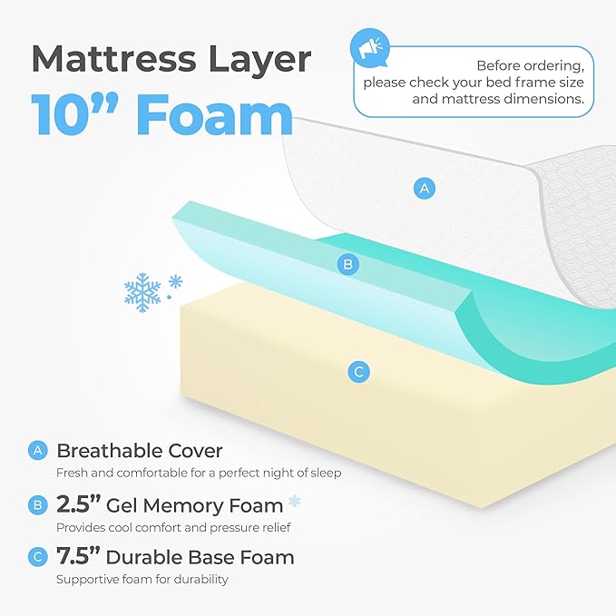 Neo Sleep 10 Inch King Cooling Gel Memory Foam Medium Firm Mattress Cool Sleep Pressure Relief CertiPUR-US Certified Foam, Mattress-in-a-Box Kids and Adults No Fiberglass (King, 10 in)