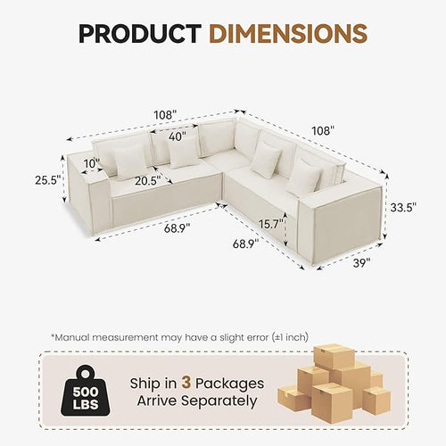 108'' Boneless Chenille L Shaped Couch, Oversized Modular Sectional 5 Seater Sofa, Modern Deep Seat Corner Cloud Compressed Couch, No Assembly Sleeper Sofa with Chaise for Living Room, Beige