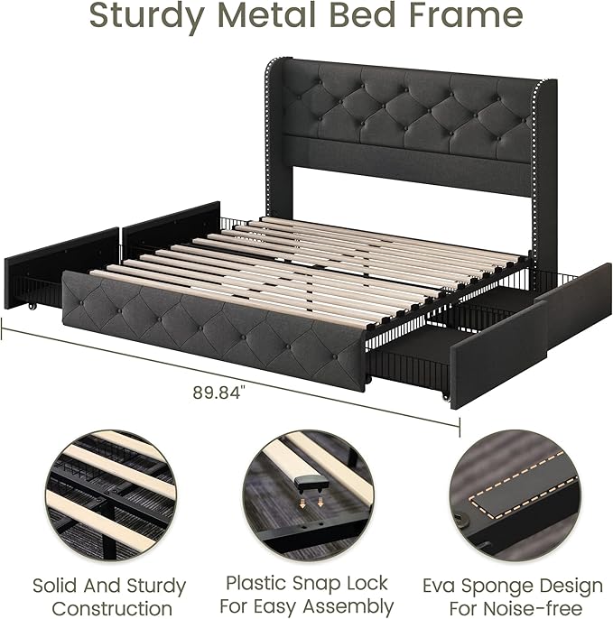 LARMACE Full Size Bed Frame with 4 Storage Drawers and 47.2" Tall Wingback Headboard Linen Upholstered Platform Bed Frame Tufted Beds with Wooden Slats Support, Easy Assembly, Dark Grey