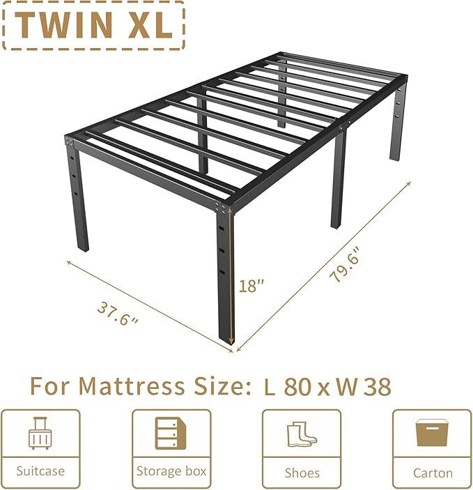HOBINCHE 18 Inch Metal Twin XL Bed Frame No Box Spring Needed - Easy Assembly Heavy Duty Noise Free Narrow Bedframes - Single Black Basic Steel Slats Platform with Storage