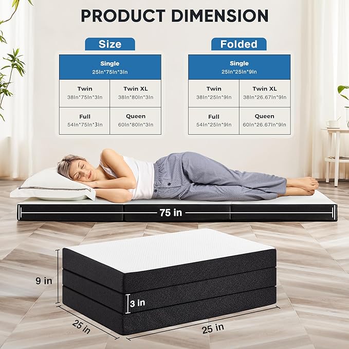 OLIXIS Tri-fold Memory Foam Mattress - 3 Inch Single Size Portable Floor Bed, Foldable Mat for Adults, Collapsible and Washable Cover with CertiPUR-US Certified, for Travel & Camping & Yoga