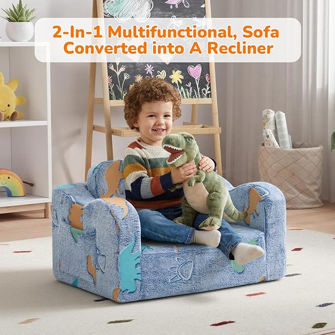 MeMoreCool Glowing Dinosaur Kids Chair, Glow-in-the-Dark Kids Couch for Boys Ages 1-3, 2-in-1 Convertible Fold-Out Sofa with Soft Foam and Washable Cover for Playroom and Reading | Living Room, Travel