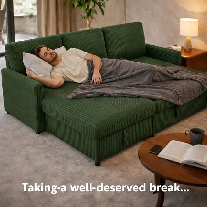 JAMFLY Pull Out Sleeper Sectional Sofa, L Shaped Corduroy Couch with Hidden Storage, Convertible Sofa Bed for Small Living Rooms and Apartments, Green