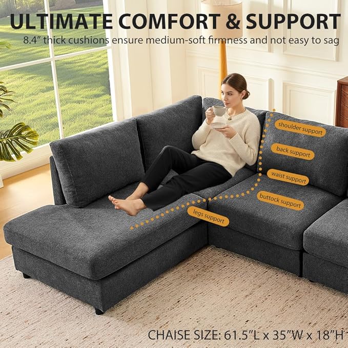 100" L-Shaped Couch with Reversible Chaise, Chenille Modular Sectional Sofa, 4-Seater Corner Couch for Living Room, Apartment, Dark Grey