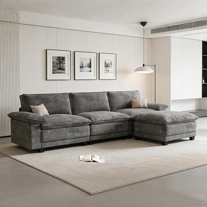 Modern L Shaped Sofa Couches for Living Room, Modular Sectional Cloud Couch with Movable Ottoman, Comfy Chenille Sofa for Apartment and Small Space, Dark Gray