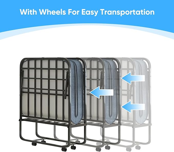 Mjkone Rollaway Bed with Mattress, 5 Inch Folding Bed for Adults, Fold Up Beds with Lockable Wheels, Sturdy Metal Fold Away Frame for Bedroom/Guest, Space Saving（75" x 38"）