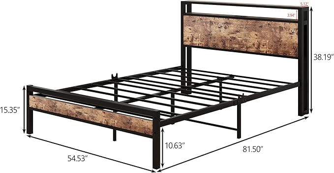 BOFENG Full Size Bed Frame with Storage Headboard,USB Charging Station,Metal Platform Double Bed Frame Full Size,Reinforced Steel Slats Support,No Box Spring Needed,Noise Free,Rustic Brown