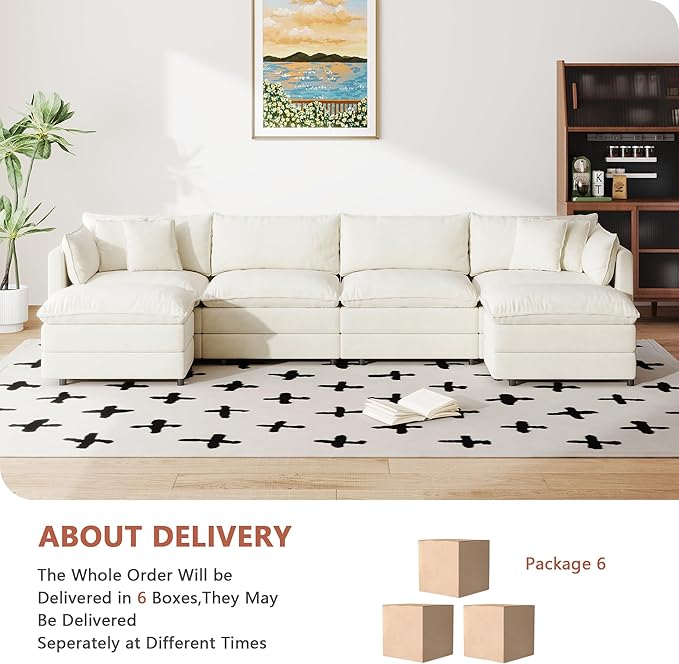 Setawix Deep 4 Seater Couch with Ottomans,147.22" U-Shaped Cloud Couches for Living Room,Chenille Cloud Sofa Couch with Foorest,Modular Sectional U Shape 4 Seat Sofa for Bedroom (Beige, 4+2)