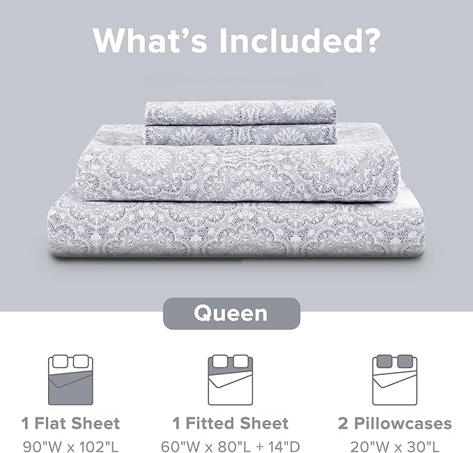 Comfort Spaces 100% Cotton Sheets Queen, Breathable, Naturally Cool Cotton Sheets, Soft Cotton Bed Sheets with 14" Elastic Pocket Fits up to 16" Mattress, All Seasons Sheet Set, Adelia Gray 4 Piece