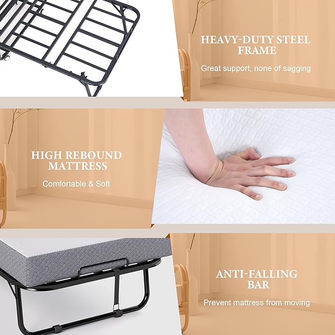Decofy Folding Bed with Memory Foam Mattress, Portable Rollaway Guest Beds on Wheels, 75"x31" Twin Size Space-Saving Cot-Size Bed for Adults with Easy Assembly Metal Frame (White)