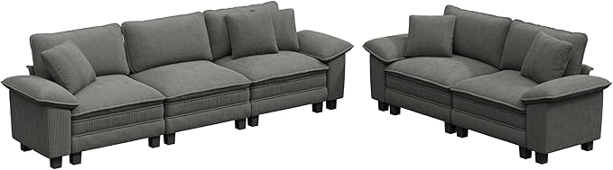 PHI VILLA 2 Pieces Modular Sofa and Loveseat Set, Corduroy 5-Seater Oversized Couch Sets with Deep Seat, Sectional Couches for Living Room, Grey