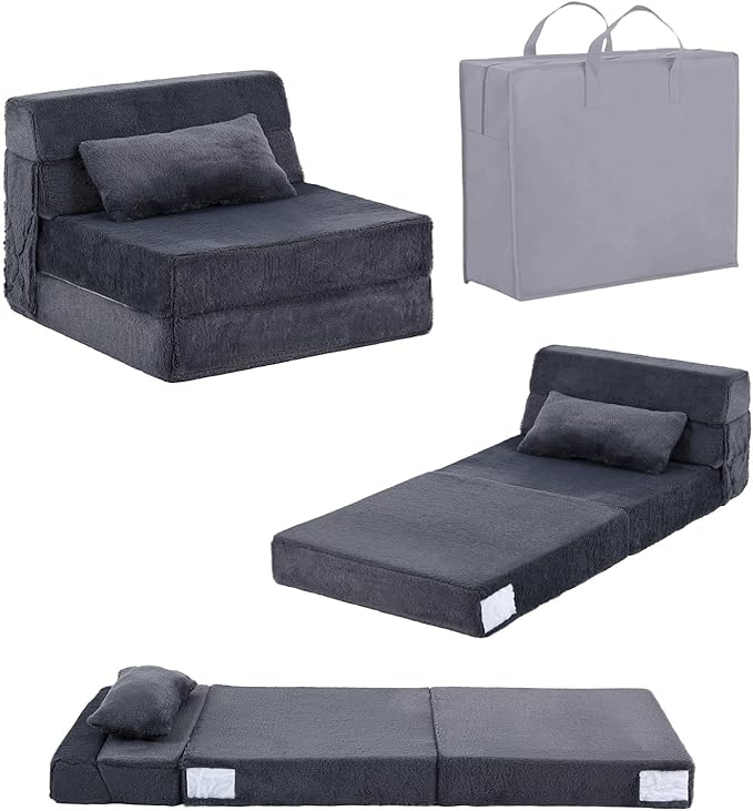 Tiita Convertible Folding Kids Sofa Bed with Pillow & Storage Bag, Plush Fabric Floor Mattress Couch Bed, Washable Cover, Kids Room, Playroom, Dorm, Apartment, Navy