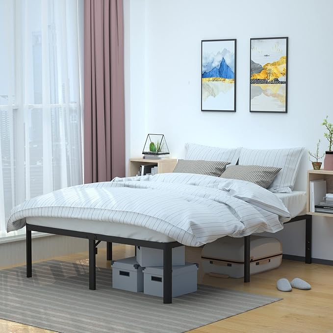 Amazon Basics Heavy Duty Non-Slip Bed Frame with Steel Slats, Easy Assembly - 18"H, (Queen), Black