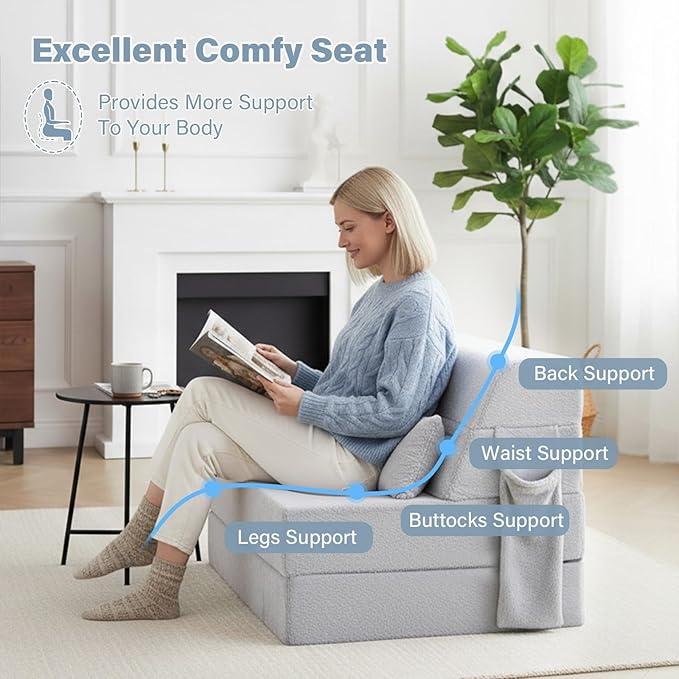 Tiita Convertible Folding Sofa Bed Single Size for Adults with Pillow, Plush Fabric Floor Mattress Couch Bed, Washable Cover & Side Pocket, Guest Room, Dorm, Apartment, Living Room, White Gray