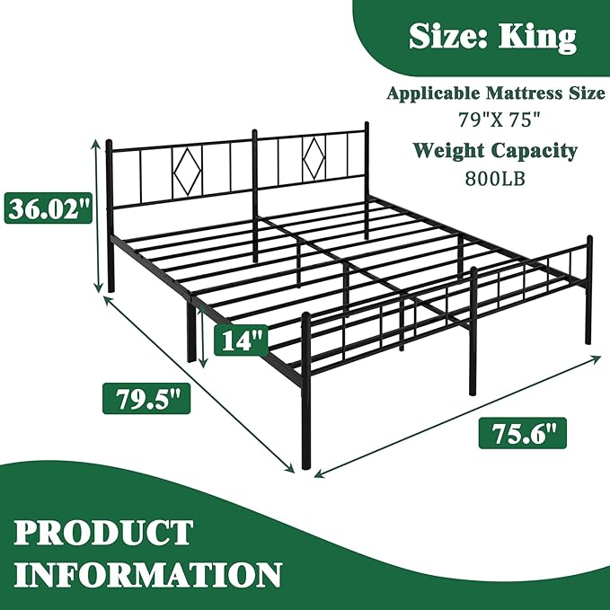 Decorwise 14 Inch King Size Bed Frames with Headboard/Footboard, Under Bed Storage, Strong Metal Slats Support, No Box Spring Needed, Noise Free, Easy Assembly, Black