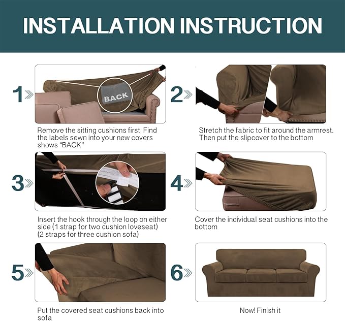 FantasDecor 4 Piece Sofa Velvet Couch Covers for 3 Cushion Stretch Slipcover with Individual Seat Cushion Elastic Furniture Protector for Pets, Machine Washable (Large Sofa, Bronze Brown)