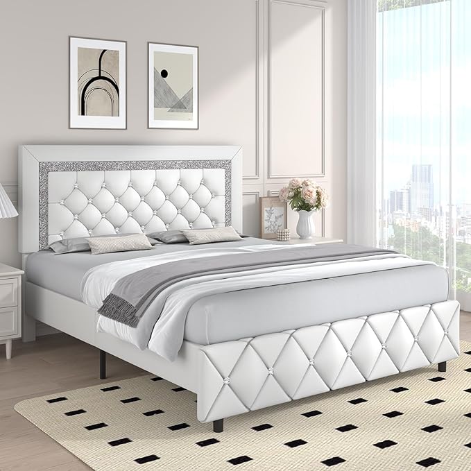Full Bed Frame, Faux Leather Platform Bed with Upholstered Diamond Headboard, Mattress Foundation with Strong Wooden Slats Support, No Box Spring Required, Easy Assembly, White