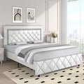 Full Bed Frame, Faux Leather Platform Bed with Upholstered Diamond Headboard, Mattress Foundation with Strong Wooden Slats Support, No Box Spring Required, Easy Assembly, White