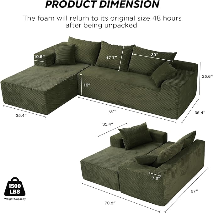Green 103“ Sectional Couches for Living Room, Boneless Couch with L-Shape Chaise, Modular Sofa in Box with Deep Seat, No Assembly Required