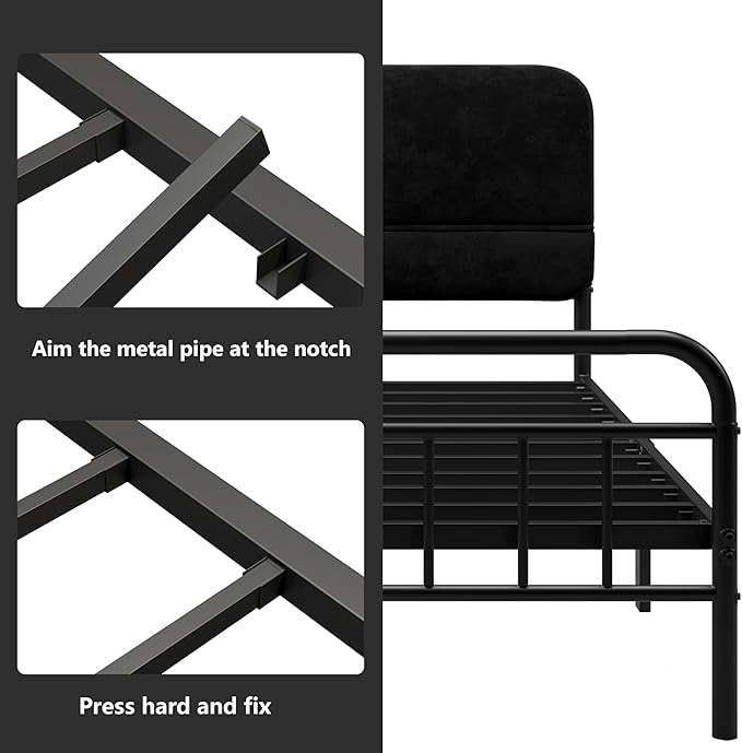 14Inch Metal Bed Frame,Queen Size Bed Frame with Upholstered Headboard,Heavy Duty Sturdy Mattress Foundation,Easy Assembly,No Box Spring Needed,Black-Queen