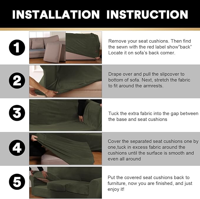 PrinceDeco Velvet Couch Covers for Sofa Soft 4 Pieces Couch Covers for 3 Cushion Couch Sofa Pet Friendly Furniture Protector with Non Slip Elastic Bottom Width Up to 97 Inch (Large Sofas, Olive)
