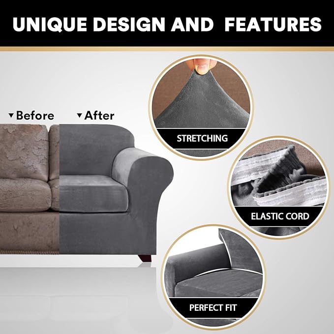 PrinceDeco Couch Cover Velvet Plush Sofa Covers for 2 Cushion Couch Width Up to 90 Inch Washable Furniture Protector Pet Friendly No Slip Sofa Slipcover(Medium-Large, Grey)