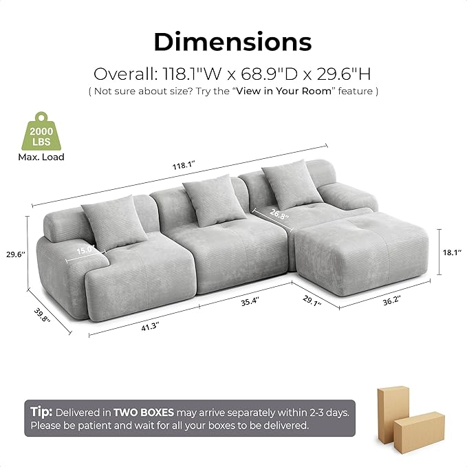 LIKIMIO LumiCord Modular Sectional Sofa with Ottoman, 118" L-Shaped Boneless Couch for Living Room, Oversized Deep Seat with Corduroy Upholstery, No Assembly Required, Grey