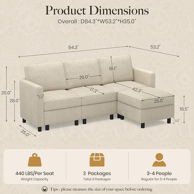 Belffin 84.3" 4 Seats L Shaped Couch Modular Sectional Sofa Washable Sectional Couches for Living Room Comfy Couches with Storage Seat Couch Sofas with Chaise,Beige