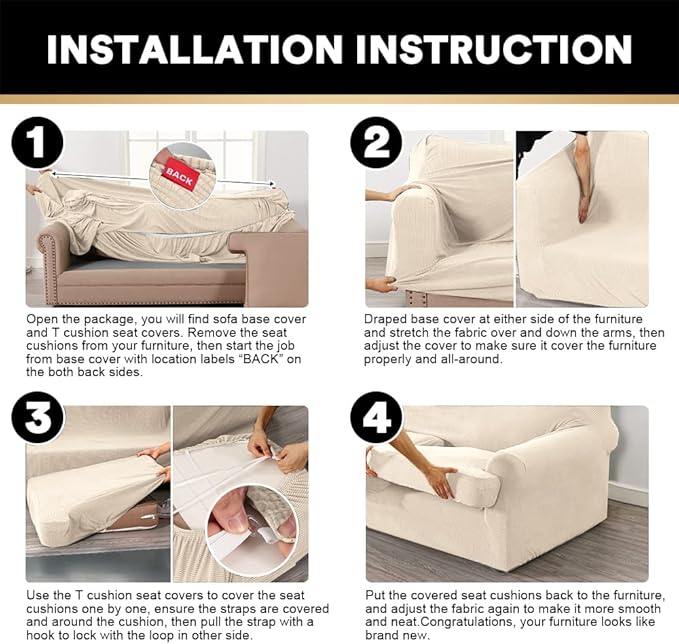 PrinceDeco 2 Pieces Armchair Slipcover Stretch Couch Covers for T Cushion Chair Slipcovers Soft Arm Chiar Cover Furniture Covers with 1 Individual T Shape Seat Covers Width Up to 40", Natural