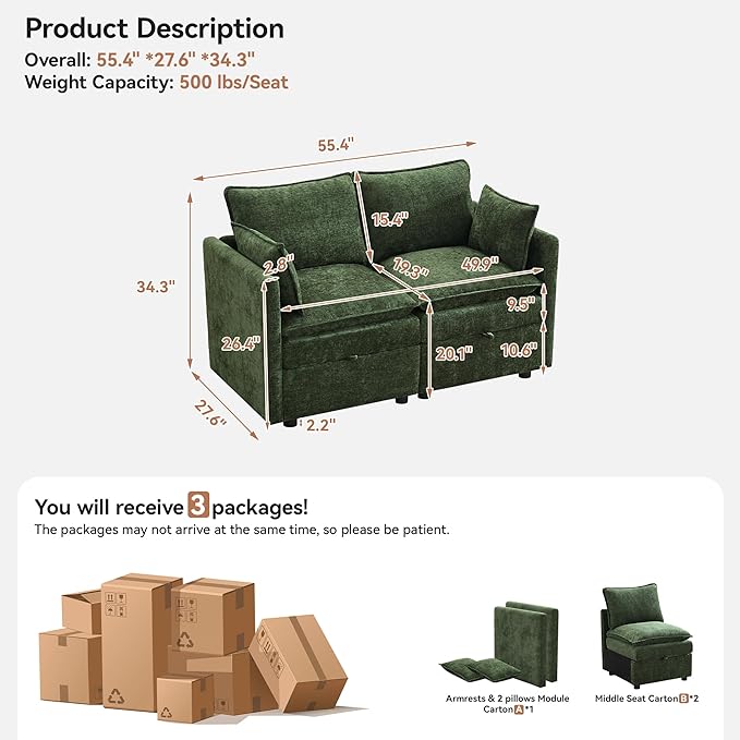 55" Cloud Modular Loveseat Sofa with Storage, Modern Upholstered Sofa Couch Small Love Seat，2 Seater Chenille Comfy Sectional Sofa with Armrests for Living Room, Small Space, Green