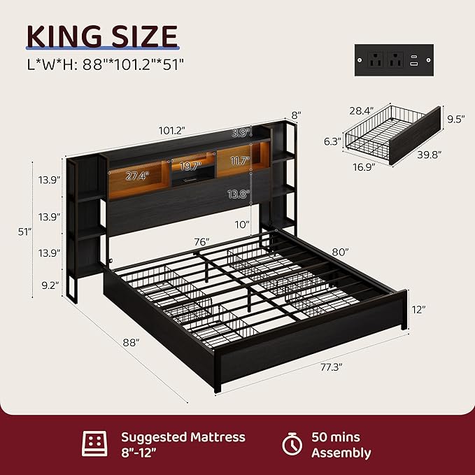 BRELTAM King Size Bed Frame with 4 Storage Drawers and Headboard Featuring Shelf Storage, Wooden Platform Bed Frame with LED Lights and Charging Station, Easy Assembly/No Box Spring Needed/Black