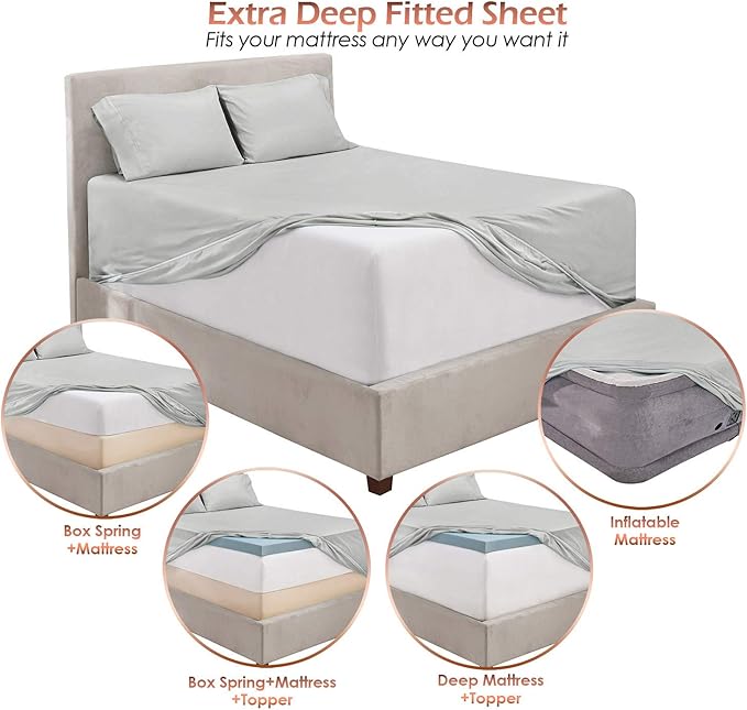 Hearth & Harbor Extra Deep Pocket Sheets - Fits Mattress 18-24 Inches Deep - Extra Deep Pocket California King Size - 6 Piece Cal King Sheets - Cal King, Silver