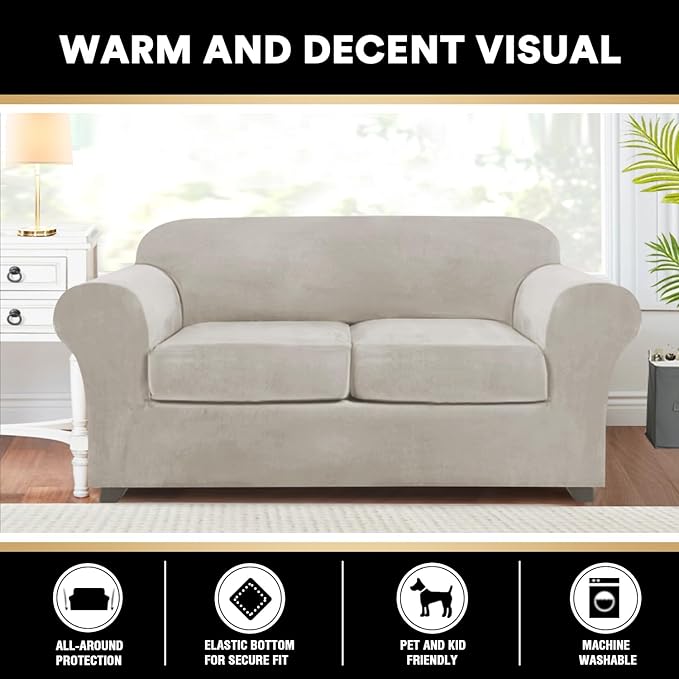 PrinceDeco Velvet Couch Cover Loveseat Covers for 2 Cushion Couch 3 Piece Sofa Covers for Dogs Washable Loveseat Covers Width Up to 72 Inch No Slip Stretch Sofa Slipcover(Medium, Oatmeal)