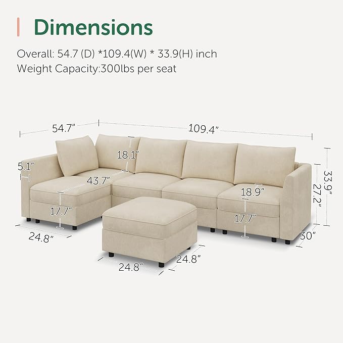 HONBAY Modular Sectional Couch L Shaped Sectional Sofa with Storage, Convertible Couches for Living Room - Beige