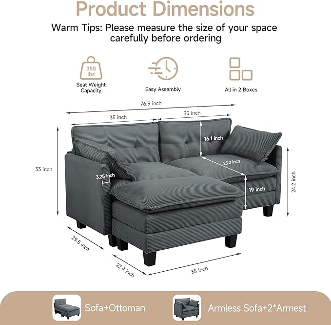 Modular Sectional Sofa, 76.5" L-Shaped Corduroy Comfy Sectional Couches for Living Room, 2-Seater Cloud Couches with 1 Movable Ottoman, Flexible Combination Modern Deep Seat Sofa (Grey)