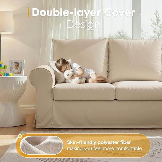89" 3 Seater Sofa, Modern Farmhouse Comfy Couch with High Back Support, Removable Washable Linen Slipcovers for Living Room, Beige
